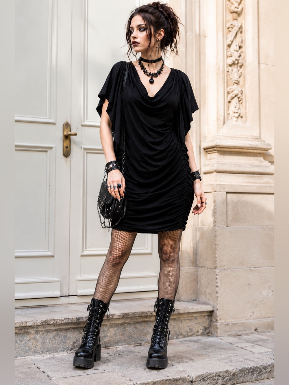 Los Angeles Rutched Batwing Dress Size M Black NWOT